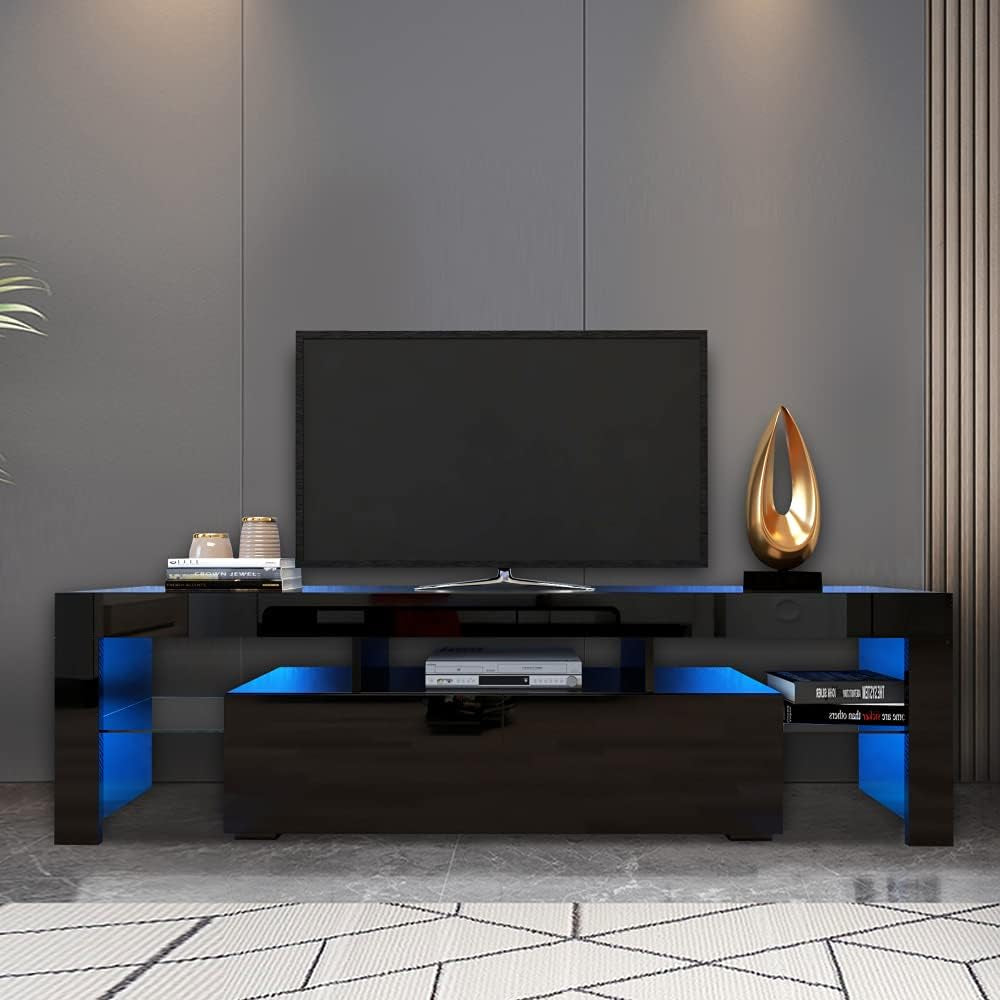 Black TV Stand with 2 Storage and 3 Open Shelves High Gloss LED TV, TV Entertainment Center TV Console Media Gaming TV Table Stands for up 50 to 70 Inch