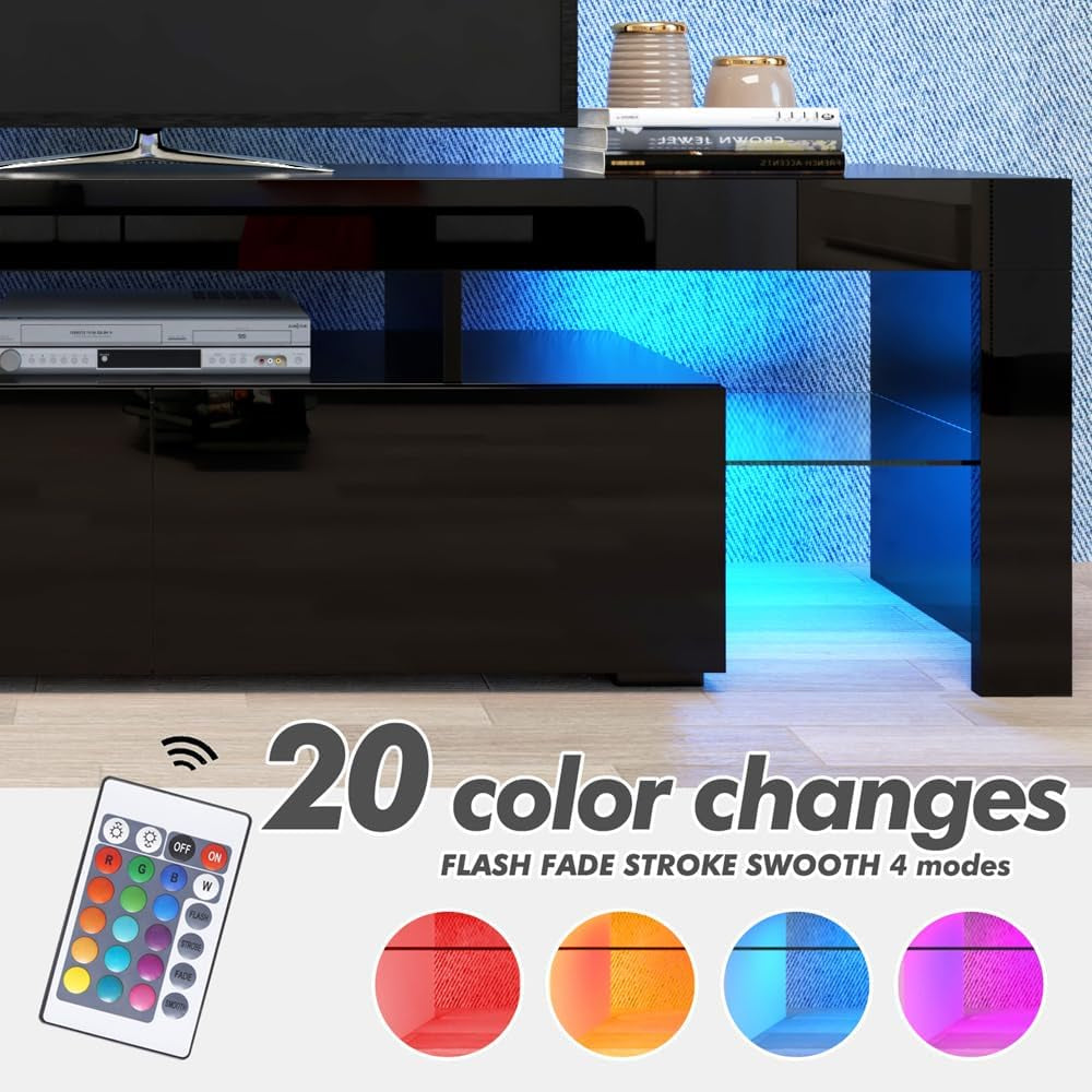 Black TV Stand with 2 Storage and 3 Open Shelves High Gloss LED TV, TV Entertainment Center TV Console Media Gaming TV Table Stands for up 50 to 70 Inch