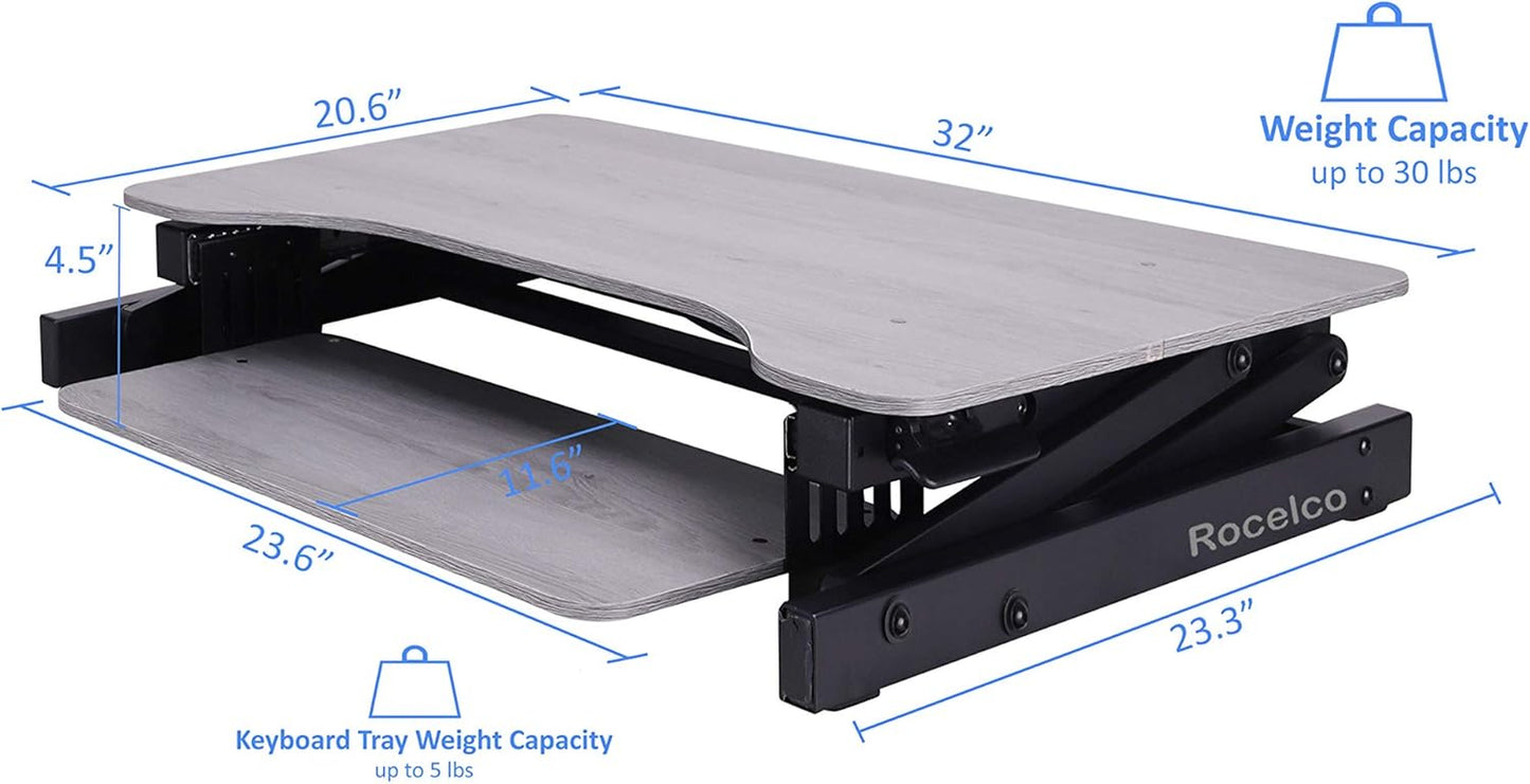 32" Height Adjustable Standing Desk Converter - Quick Sit Stand up Dual Monitor Riser - Gas Spring Assist Tabletop Computer Workstation - Large Retractable Keyboard Tray - Grey (R ADRG)