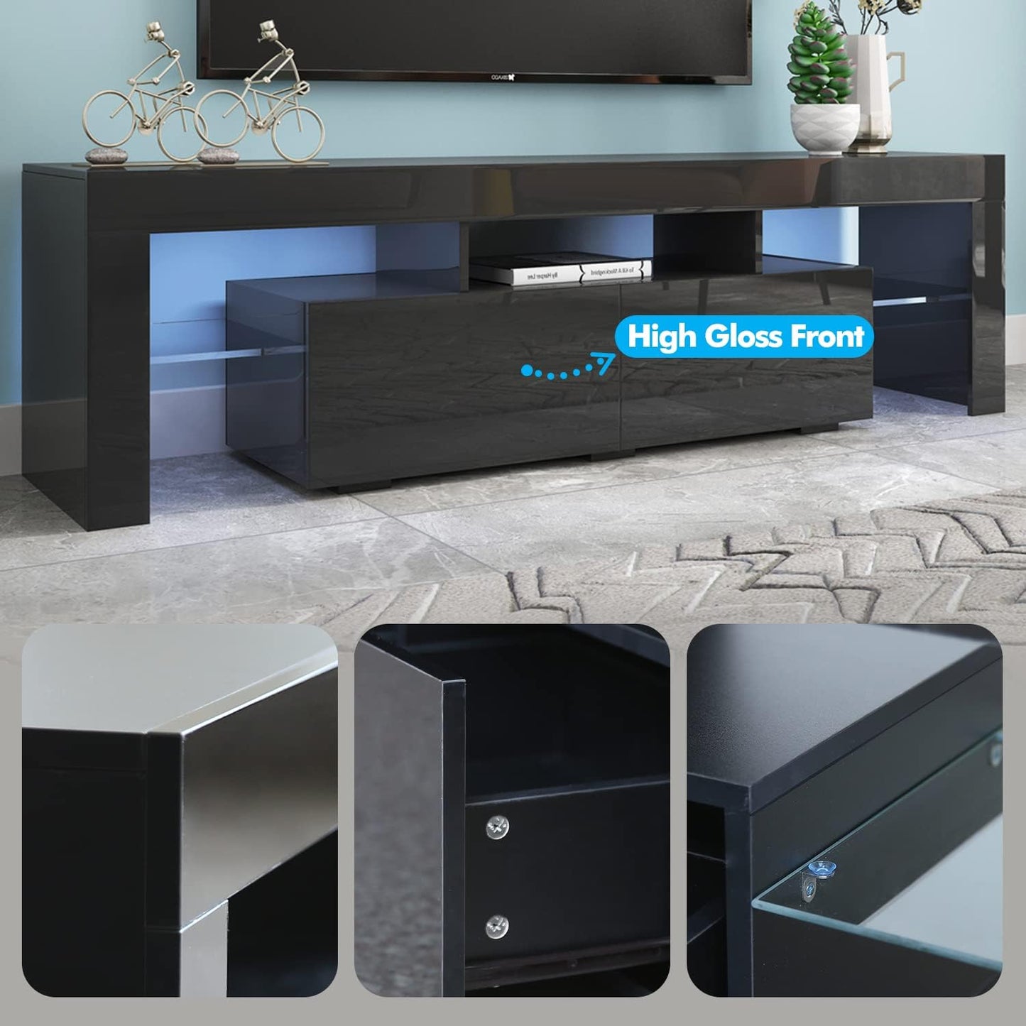 Black TV Stand with 2 Storage and 3 Open Shelves High Gloss LED TV, TV Entertainment Center TV Console Media Gaming TV Table Stands for up 50 to 70 Inch