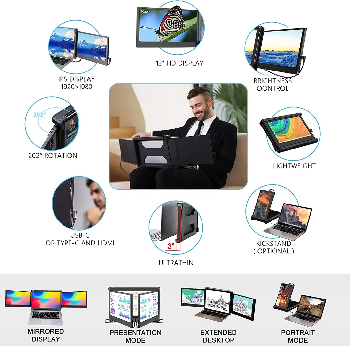 12" Laptop Monitor Extender, Portable Monitor for Laptop HDMI USB C Screens Extender FHD 1080P, Plug-Play Tri-Screen for 13”-16” Laptops