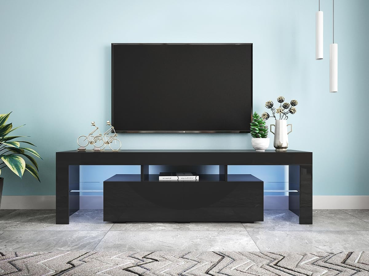 Black TV Stand with 2 Storage and 3 Open Shelves High Gloss LED TV, TV Entertainment Center TV Console Media Gaming TV Table Stands for up 50 to 70 Inch