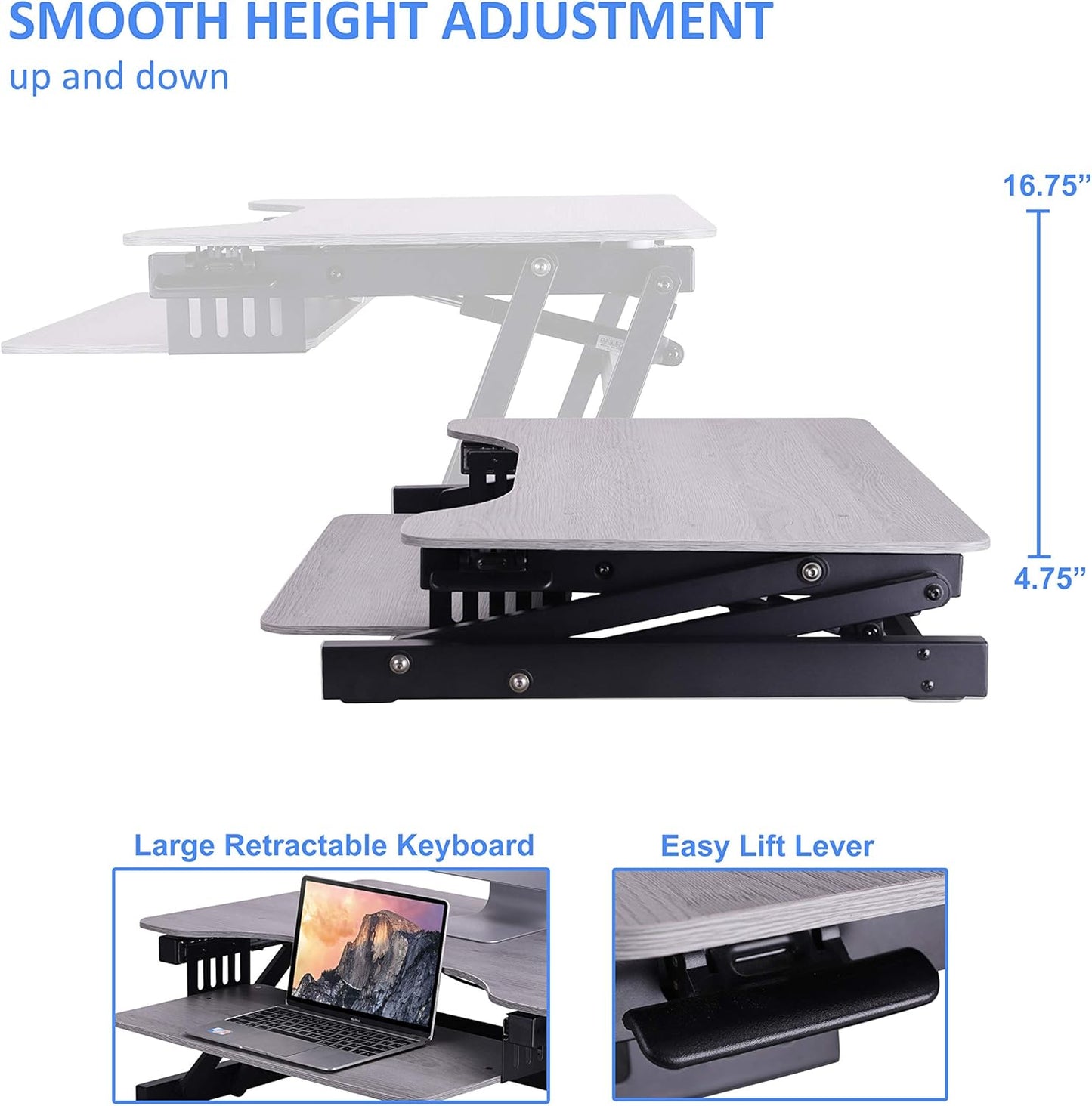 32" Height Adjustable Standing Desk Converter - Quick Sit Stand up Dual Monitor Riser - Gas Spring Assist Tabletop Computer Workstation - Large Retractable Keyboard Tray - Grey (R ADRG)