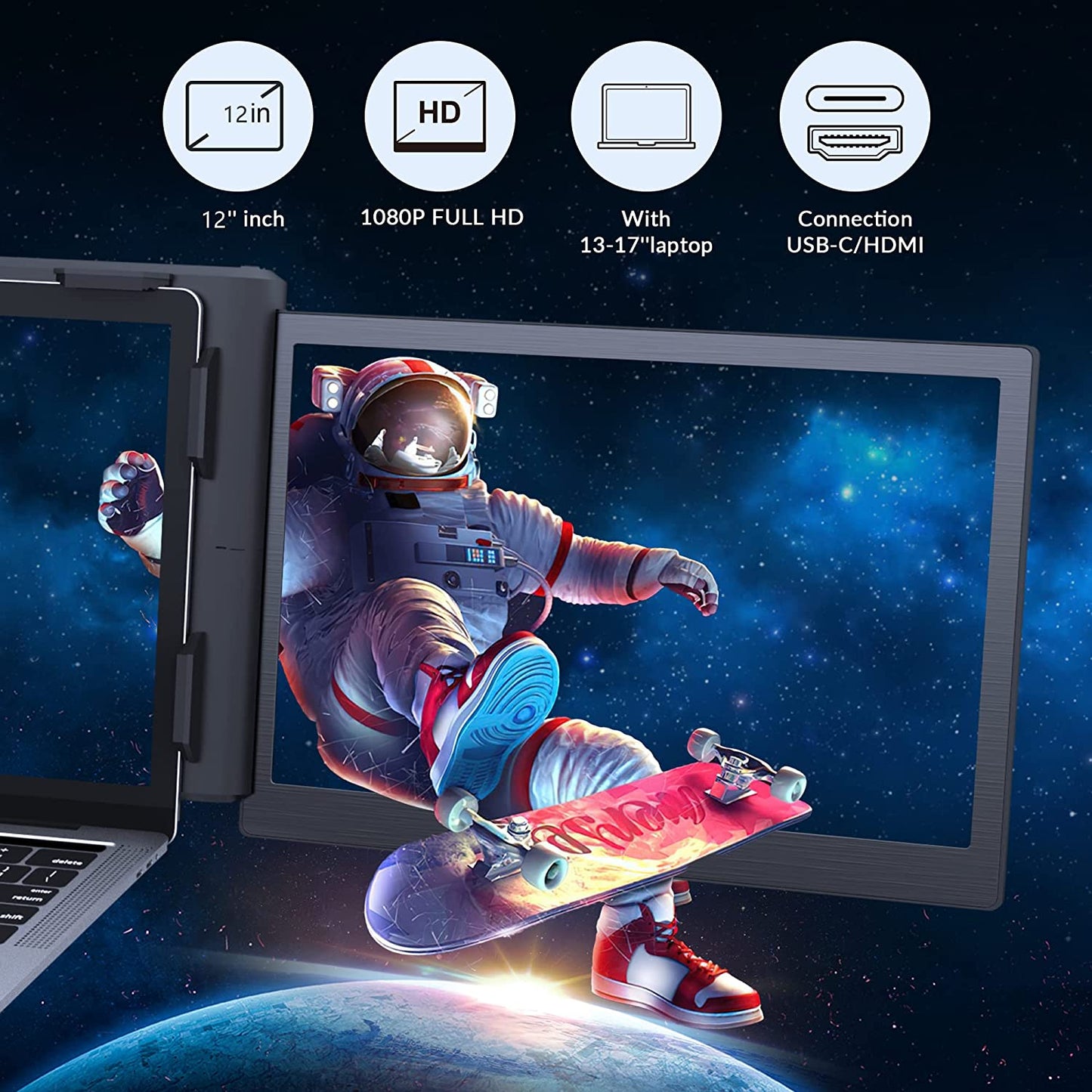 12" Laptop Monitor Extender, Portable Monitor for Laptop HDMI USB C Screens Extender FHD 1080P, Plug-Play Tri-Screen for 13”-16” Laptops