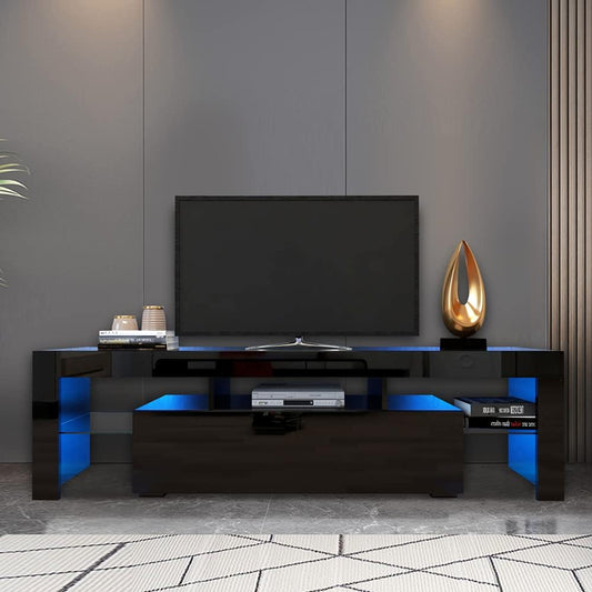 Black TV Stand with 2 Storage and 3 Open Shelves High Gloss LED TV, TV Entertainment Center TV Console Media Gaming TV Table Stands for up 50 to 70 Inch