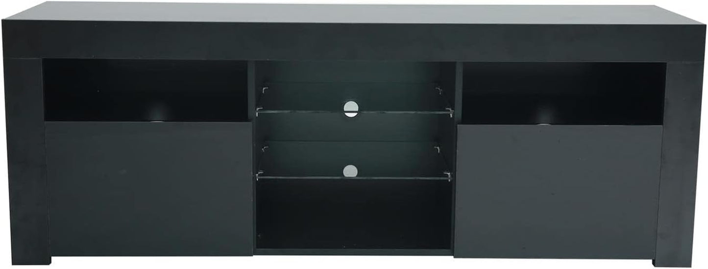 Modern TV Stand,57" TV Console Matte Body High Gloss Fronts with 16 Color Leds,Media Console Entertainment Center for 65 Inch Tv,Wood TV Stand with Storage,2 Doors & 2 Open Cabinets (Black)