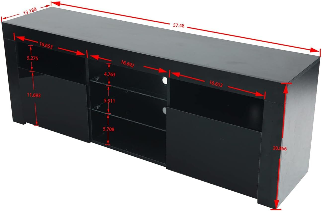 Modern TV Stand,57" TV Console Matte Body High Gloss Fronts with 16 Color Leds,Media Console Entertainment Center for 65 Inch Tv,Wood TV Stand with Storage,2 Doors & 2 Open Cabinets (Black)