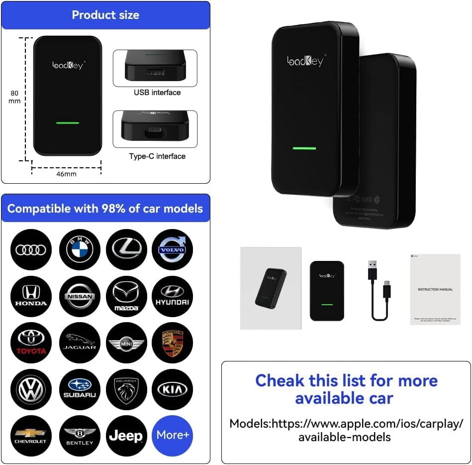 New Version  Wireless Carplay Adapter Dongle for Factory Apple Carplay Cars,Fit for Iphone 6 or Newer,Auto-Connection,Over-The-Air Upgrade,Car Link Convert Your Factory Carplay to Wireless