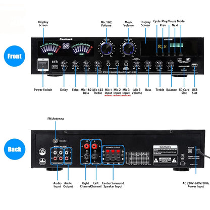 4000W Surround Sound Bluetooth Audio Power Amplifiers Receiver for Home Stereo Theater System