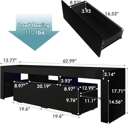 Black TV Stand with 2 Storage and 3 Open Shelves High Gloss LED TV, TV Entertainment Center TV Console Media Gaming TV Table Stands for up 50 to 70 Inch
