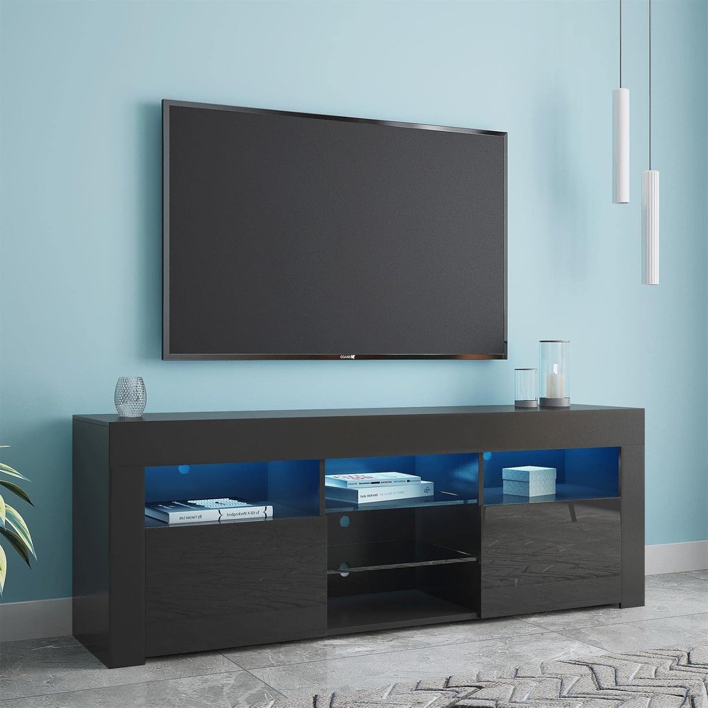 Modern TV Stand,57" TV Console Matte Body High Gloss Fronts with 16 Color Leds,Media Console Entertainment Center for 65 Inch Tv,Wood TV Stand with Storage,2 Doors & 2 Open Cabinets (Black)