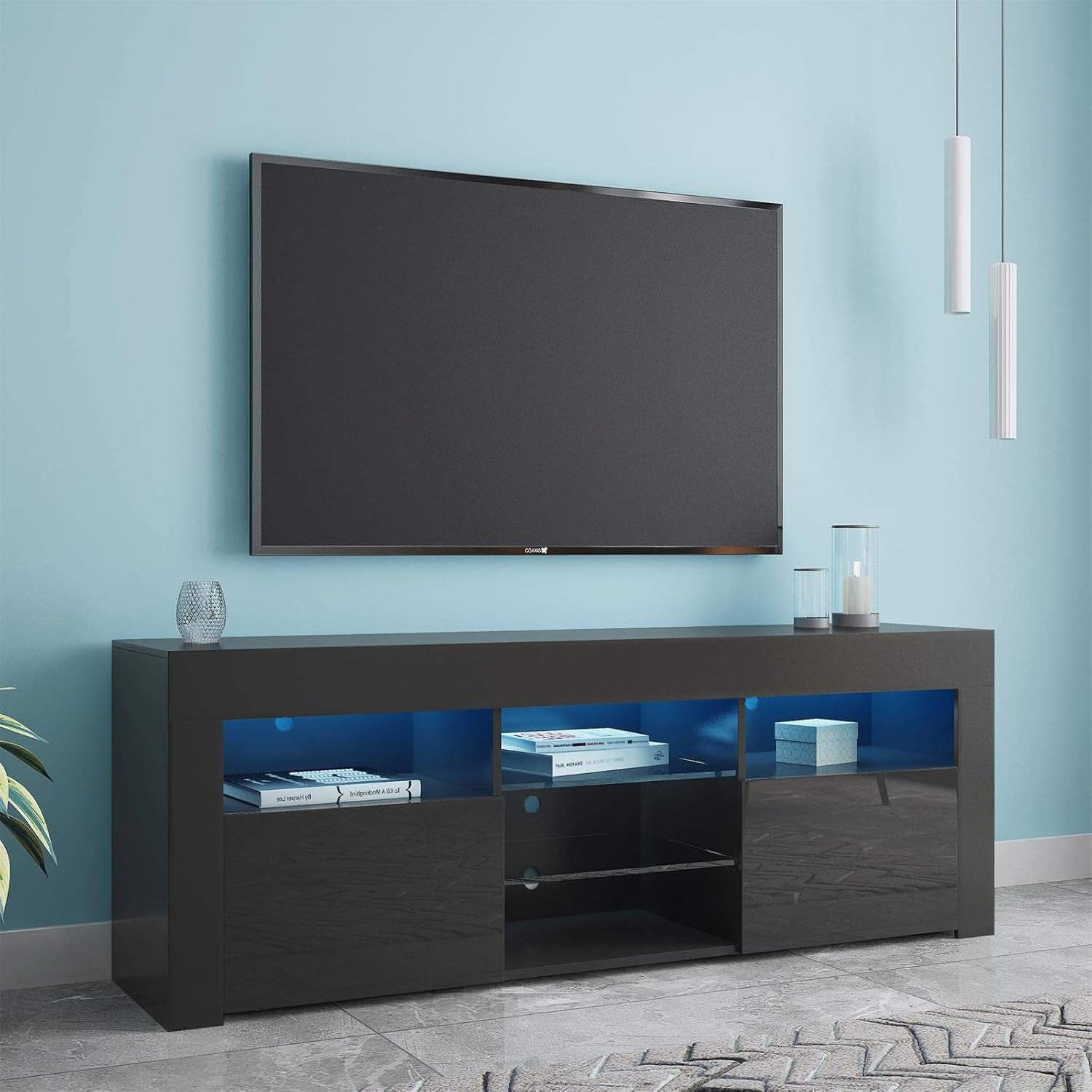 Modern TV Stand,57" TV Console Matte Body High Gloss Fronts with 16 Color Leds,Media Console Entertainment Center for 65 Inch Tv,Wood TV Stand with Storage,2 Doors & 2 Open Cabinets (Black)
