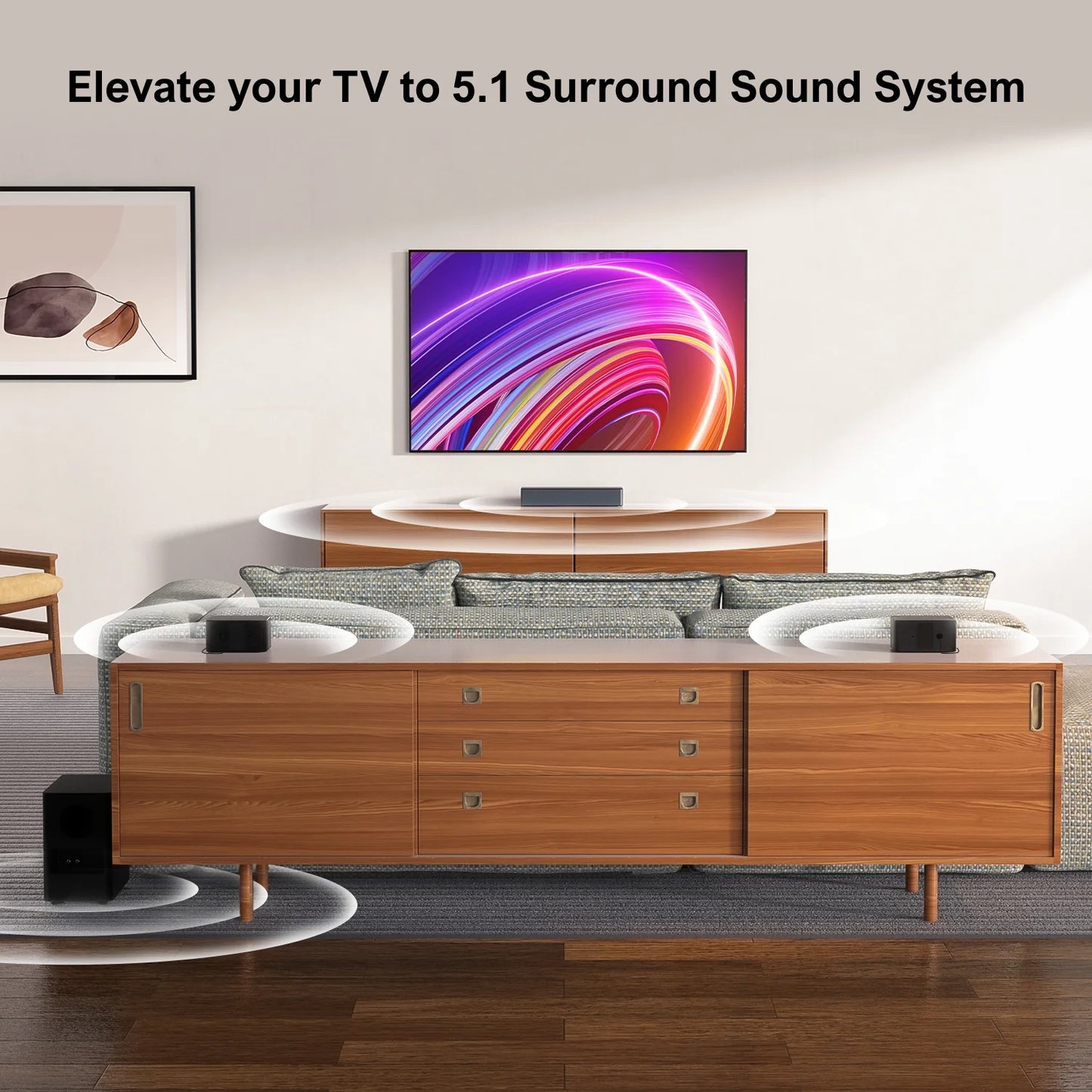 5.1 Surround Sound Bar, Virtual Surround Sound System, 350W Sound Bar for TV with Wireless Subwoofer and Rear Speakers, 3D Surround and Bass Adjustable Home Theater TV Speakers