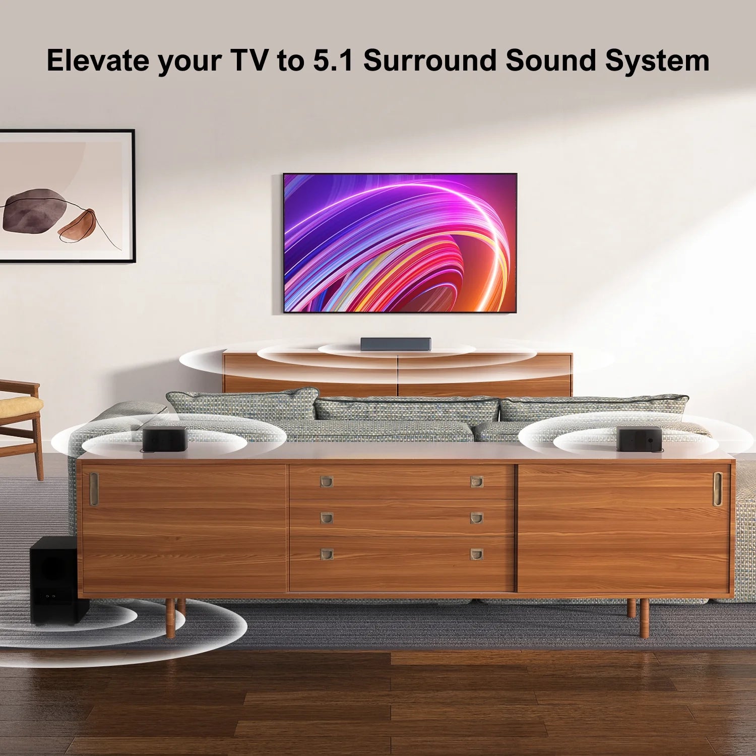5.1 Surround Sound Bar, Virtual Surround Sound System, 350W Sound Bar for TV with Wireless Subwoofer and Rear Speakers, 3D Surround and Bass Adjustable Home Theater TV Speakers