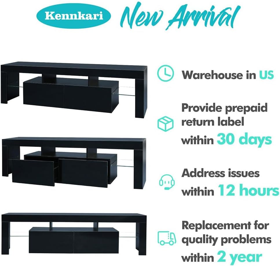 Black TV Stand with 2 Storage and 3 Open Shelves High Gloss LED TV, TV Entertainment Center TV Console Media Gaming TV Table Stands for up 50 to 70 Inch
