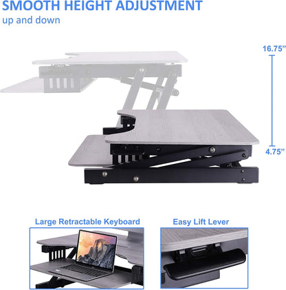 32" Height Adjustable Standing Desk Converter - Quick Sit Stand up Dual Monitor Riser - Gas Spring Assist Tabletop Computer Workstation - Large Retractable Keyboard Tray - Grey (R ADRG)