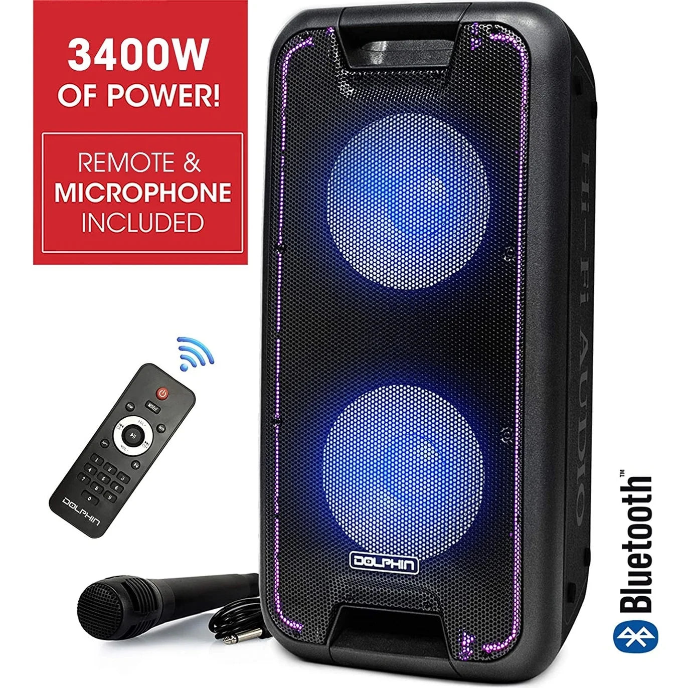 Dolphin SP-210RBT Portable Bluetooth Party Speaker on Wheels with Lights, 10" Partybox